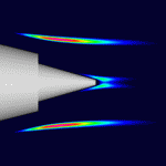 Figure 1: Noise sources in a jet plume visualized with Tecplot. The jet plume originates from a bypass ratio (BPR) typical of a transport aircraft. Noise sources are shown in a 12,500 Hz frequency band (sub-scale) with the observer at 88 degrees to the inlet. The data set has about 35 variables at 17 million cells.

Bypass ratio relates the size of the fan stream to the size of the core stream. The inner core stream consists of hot, high velocity gas passed through the jet engine combustor. The outer fan stream consists of cooler, lower velocity air pulled into the engine via the fan.

There are numerous frequencies of noise. The human ear is sensitive to noise from 20Hz - 20kHz. When full scale (9 times larger), the noise shown in the plot would be about 1400Hz, in the range of noise that annoys people.

The observer (or a microphone) can be at numerous angles relative to the jet engine. The inlet angle is measured from the front of the engine. Zero would be pointing ahead, 90 degrees to the side, and 180 degrees points downstream in the direction of the jet exhaust.