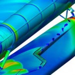 Using Tecplot 360, foam debris trajectory from NASA's Cart3D simulation package is visualized. A 1.67 pound slab of insulating foam is seen falling off the external tank after Columbia's launch and hitting the left wing. The Columbia Accident Investigation Board (CAIB) has identified a debris event like this as the most likely cause of the Columbia disaster. This image was used in the CAIB's final report.