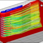 Figure 1: Temperature on the surface on an unloaded, cooled blade, along with streamlines of the main flow and the coolant.