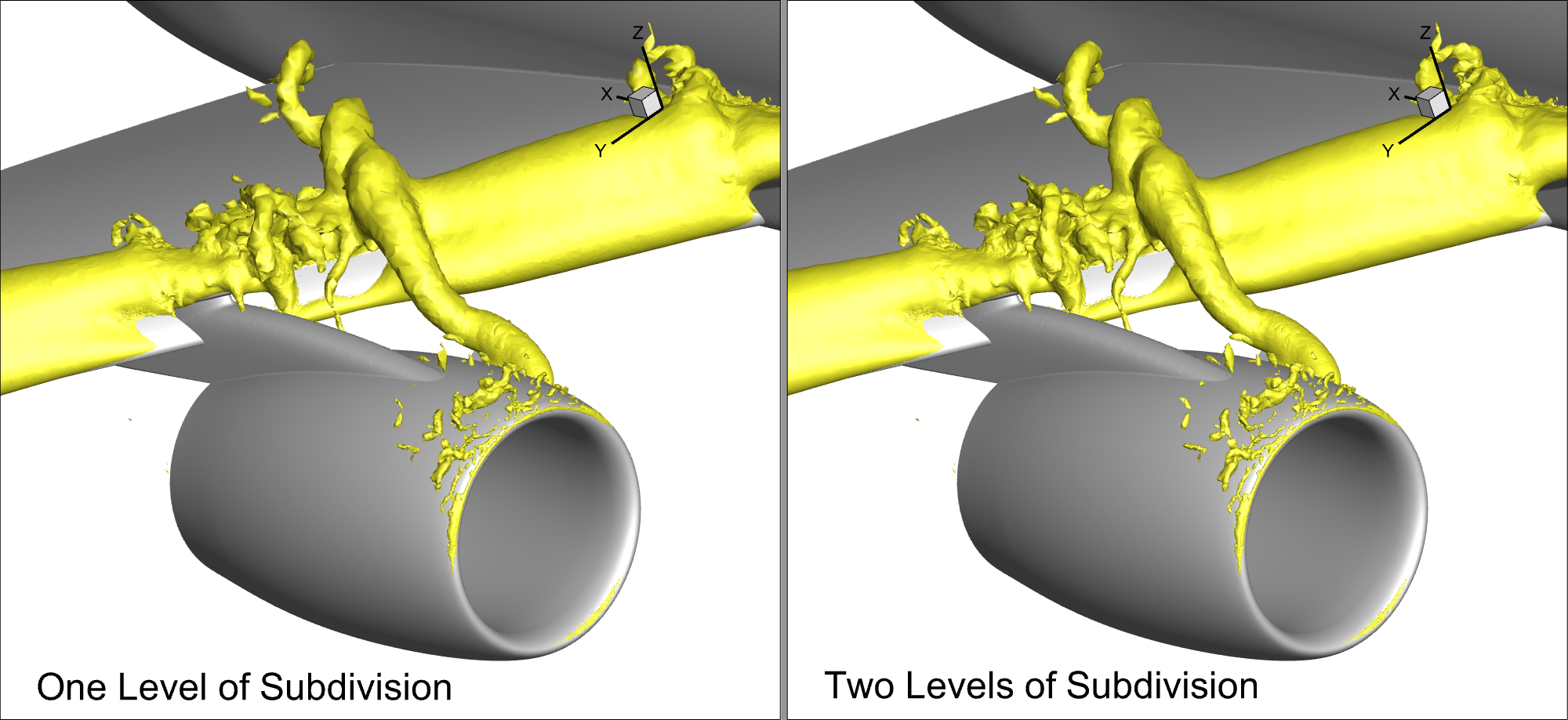 Pressure isosurface near nacelle of high-lift CRM configuration.