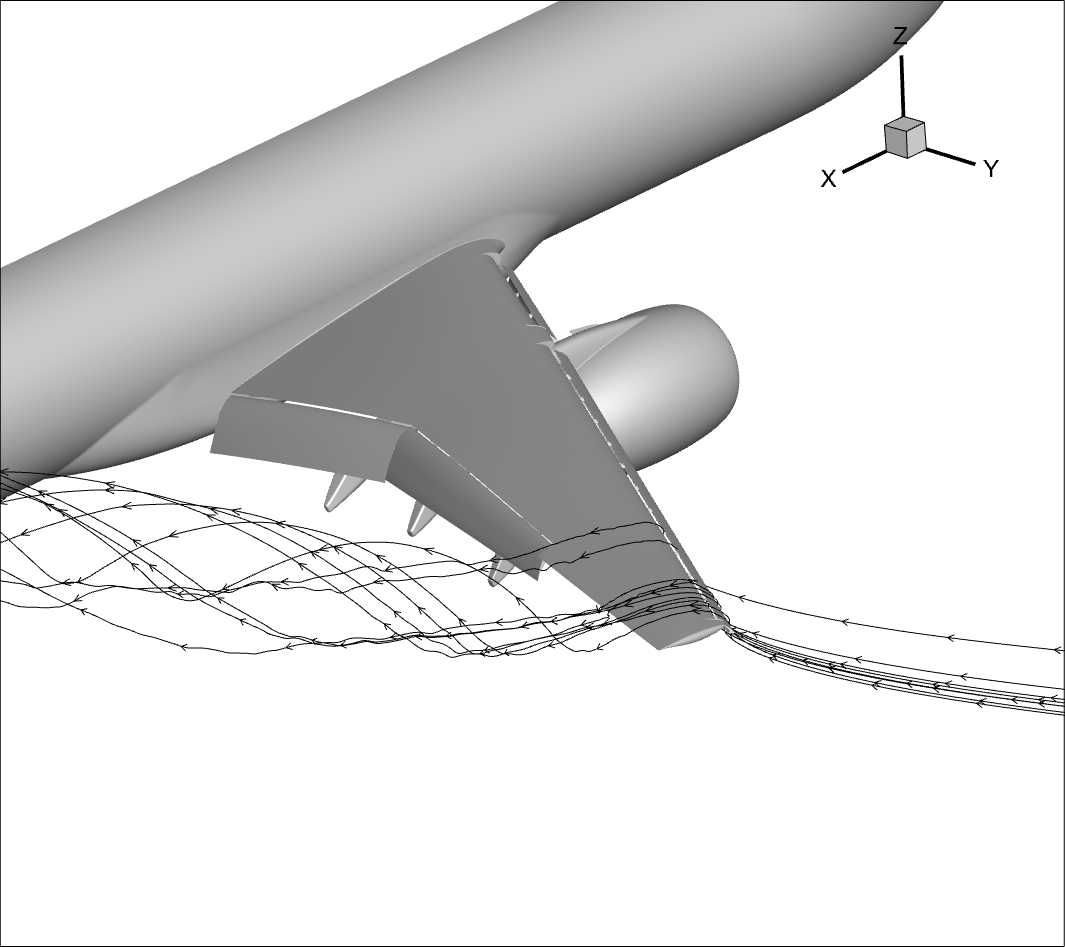 Streamlines near the wingtip vortex for CRM high-lift configuration.