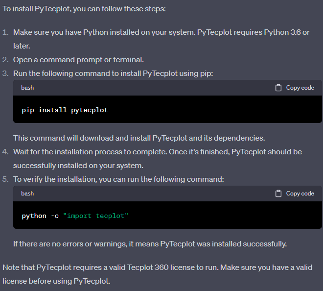 ChatGPT prompt How to Install PyTecplot 